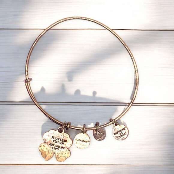 Alex and Ani Four Leaf Clover Charm Bracelet Gold Finish - Expands 2"- 3.5" - Picture 2 of 2